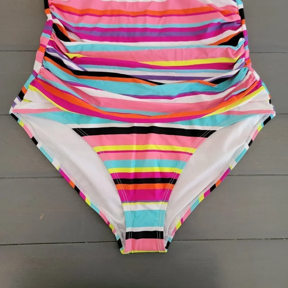 Anne Cole Women Strapless Striped Twist Front Shirred One Piece Swimsuit Size 10